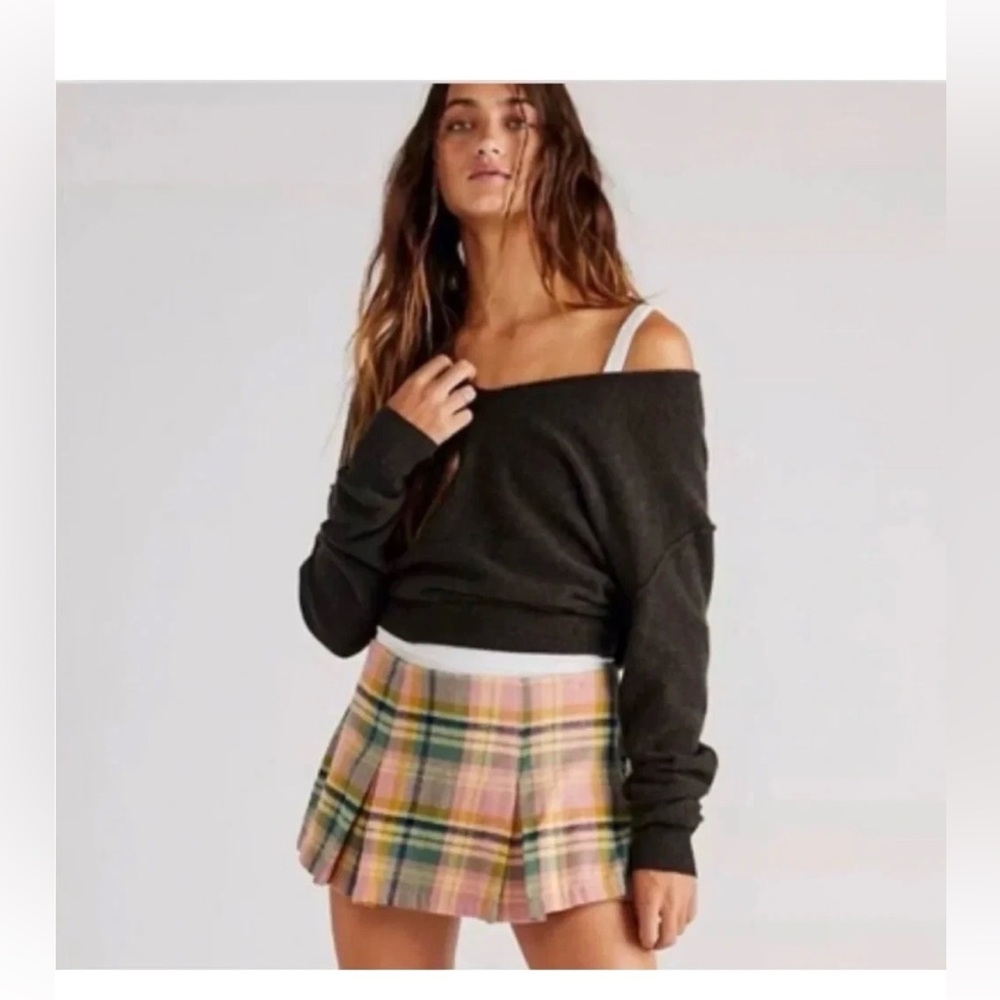 FREE PEOPLE someday mini skirt skort plaid pink green sz 2